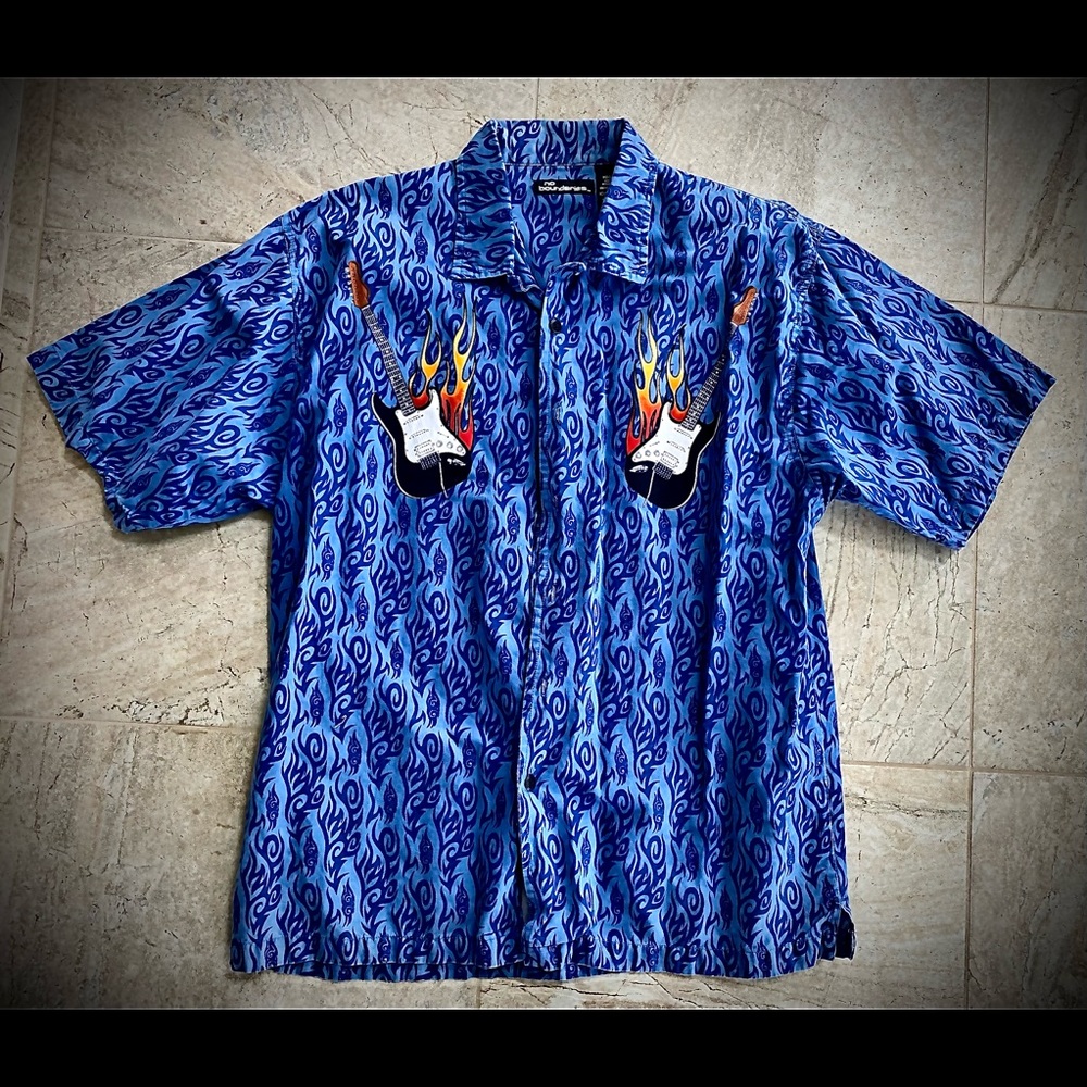 ROCK & ROLL Flaming Guitars No Boundaries Shirt w/Tribal Patterns & Tattoo Flash